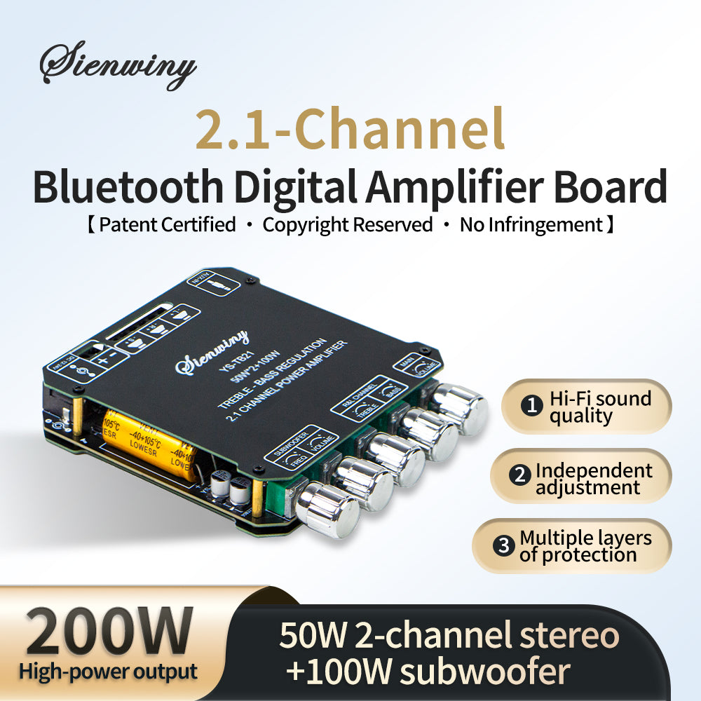 New! Sienwiny YS-TB21 2.1 Ch. Audio Amplifier 200W 50Wx2+100W Subwoofer Module With AUX Input, Treble Bass EQ For DIY Speaker