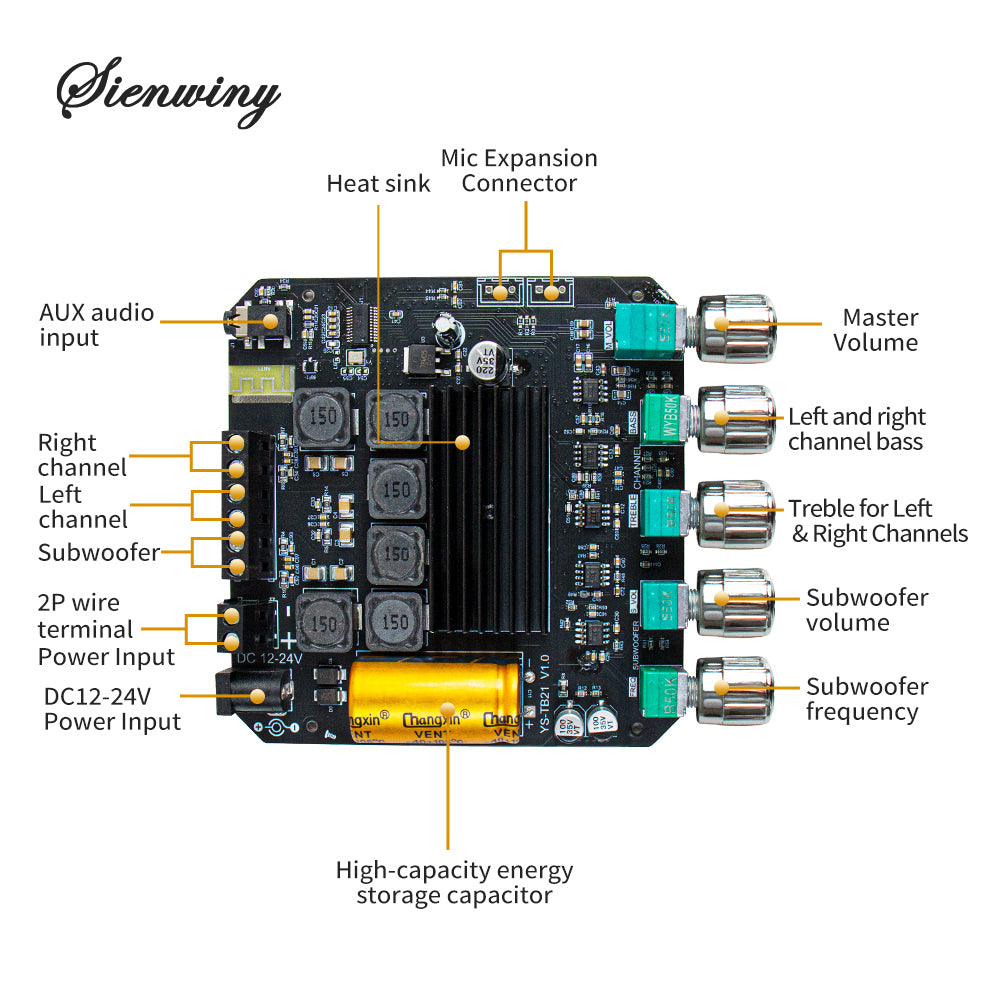 New! Sienwiny YS-TB21 2.1 Ch. Audio Amplifier 200W 50Wx2+100W Subwoofer Module With AUX Input, Treble Bass EQ For DIY Speaker